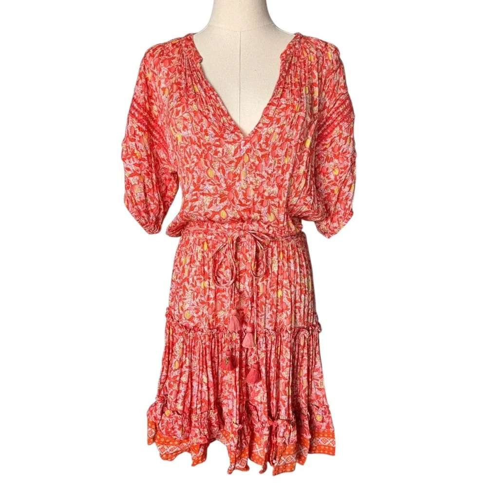 Poupette St. Barth Bonne V-Neck Dress in Orange & Yellow Fruit Print Size Medium